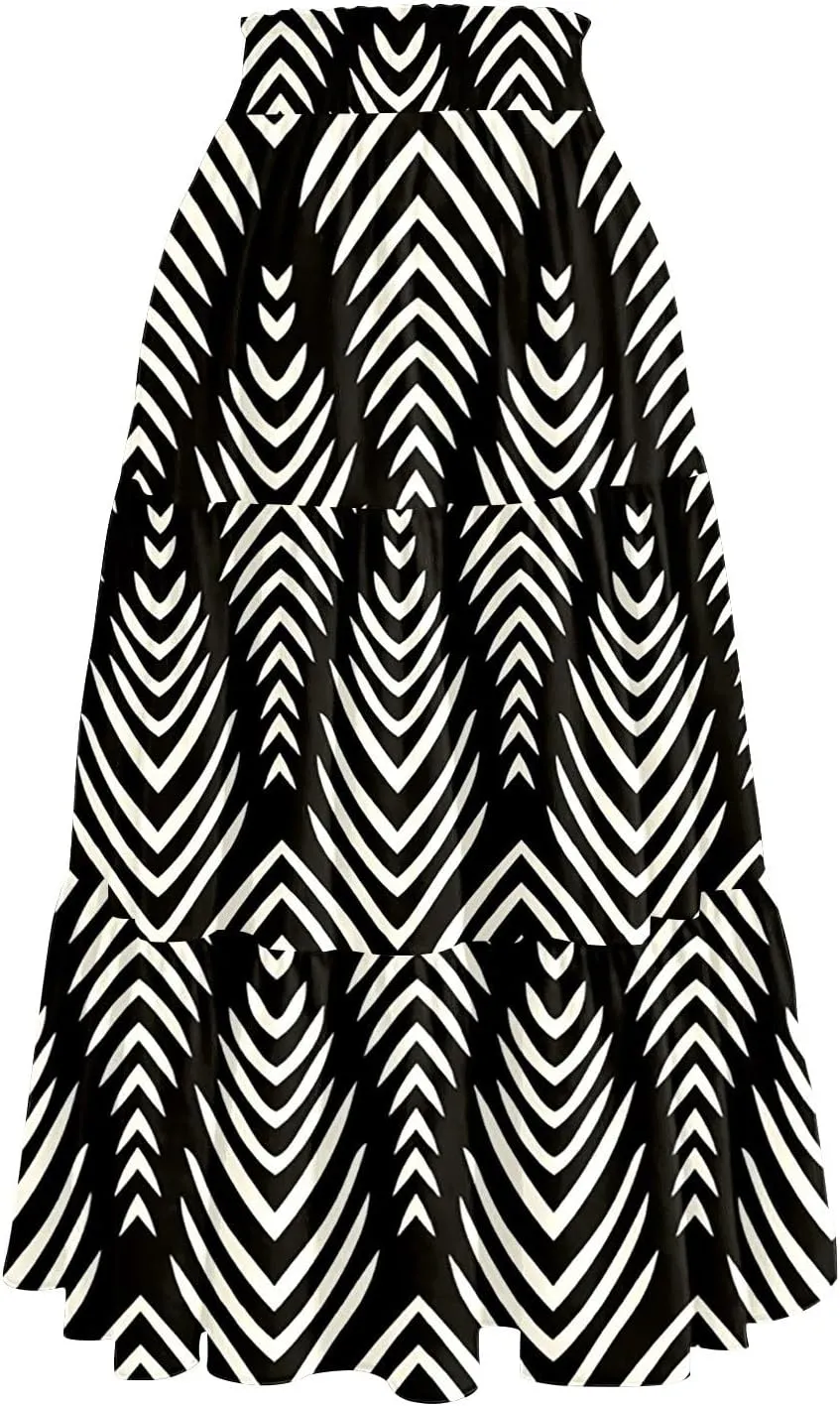 Women Floral Skirt A Line Tiered Pleated Flowy Midi Skirt with Pockets Casual Elastic High Waisted Boho Beach Skirts
