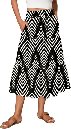 Women Floral Skirt A Line Tiered Pleated Flowy Midi Skirt with Pockets Casual Elastic High Waisted Boho Beach Skirts