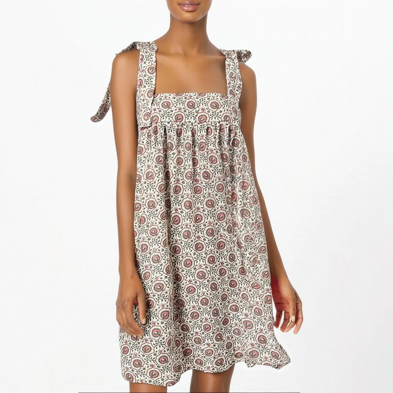Women Floral Tie Shoulder Mini Dress Cute Square Neck Loose Fit Beach Short Dress Backless Boho Vocation Sundress