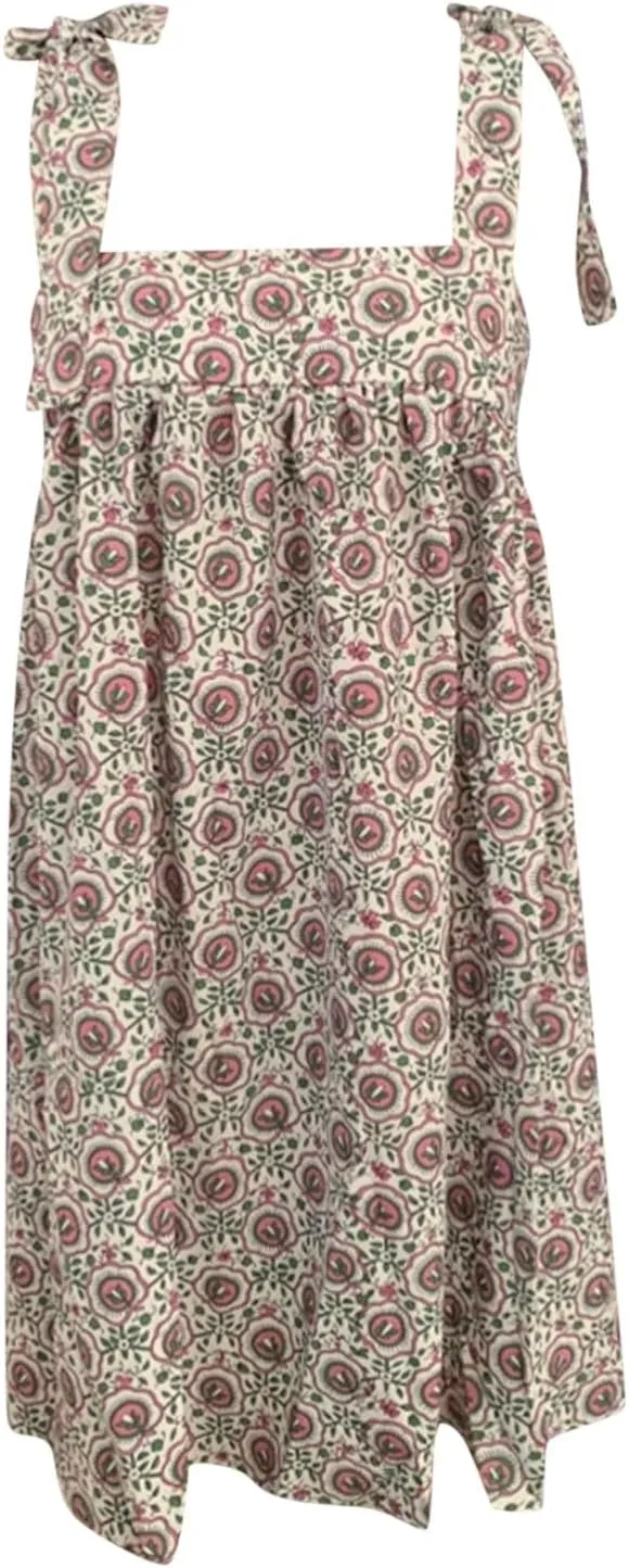 Women Floral Tie Shoulder Mini Dress Cute Square Neck Loose Fit Beach Short Dress Backless Boho Vocation Sundress