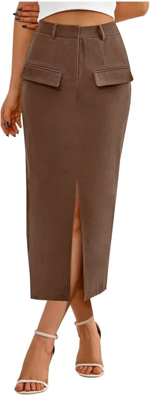 Women High Waisted Cargo Midi Skirt Y2k Summer Vintage Pencil Slit Long Skirts Dressy Casual Business Work Skirts