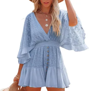 Women Lace Crochet Romper Dresses Casual Batwing Sleeve Backless Ruffle A-Line Dress Summer Flowy Swing Beach Dress