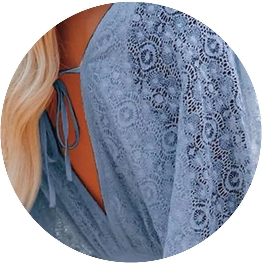 Women Lace Crochet Romper Dresses Casual Batwing Sleeve Backless Ruffle A-Line Dress Summer Flowy Swing Beach Dress