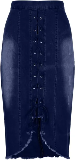 Women Lace-Up Front Split Denim Dressy High Waist Jean Pencil Skirts Fashion Distressed Raw Hem Slim Fit Midi Skirt