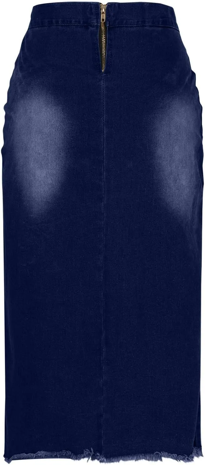 Women Lace-Up Front Split Denim Dressy High Waist Jean Pencil Skirts Fashion Distressed Raw Hem Slim Fit Midi Skirt