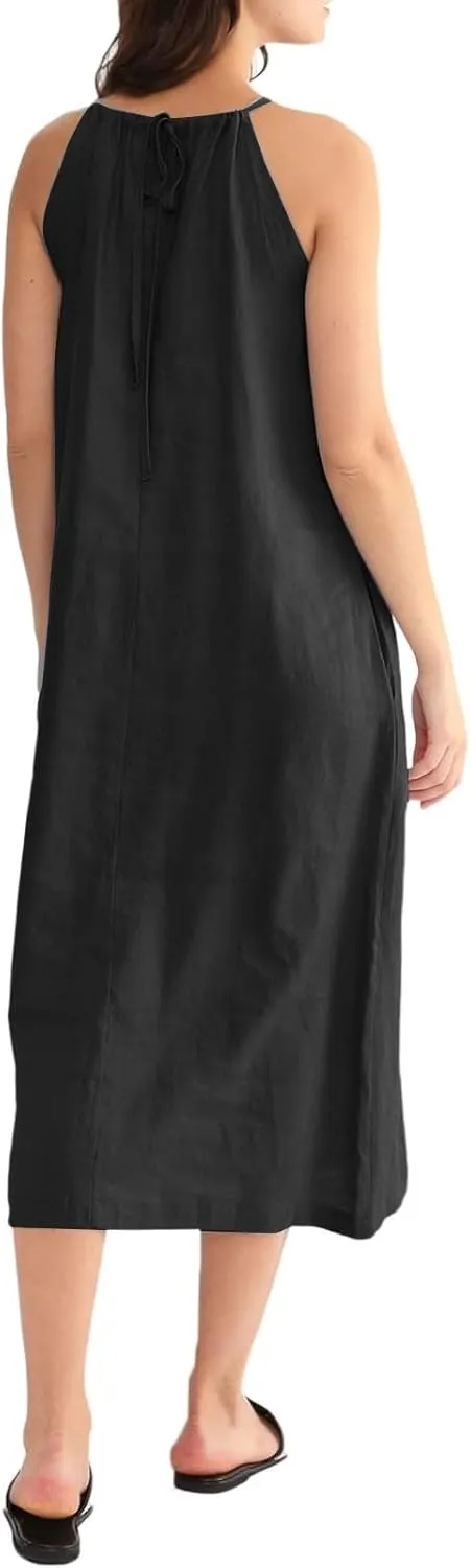 Women Linen Sleeveless Extra Long Back Lace Up Linen Sleeveless Extra Long Dress Flare Midi Dress
