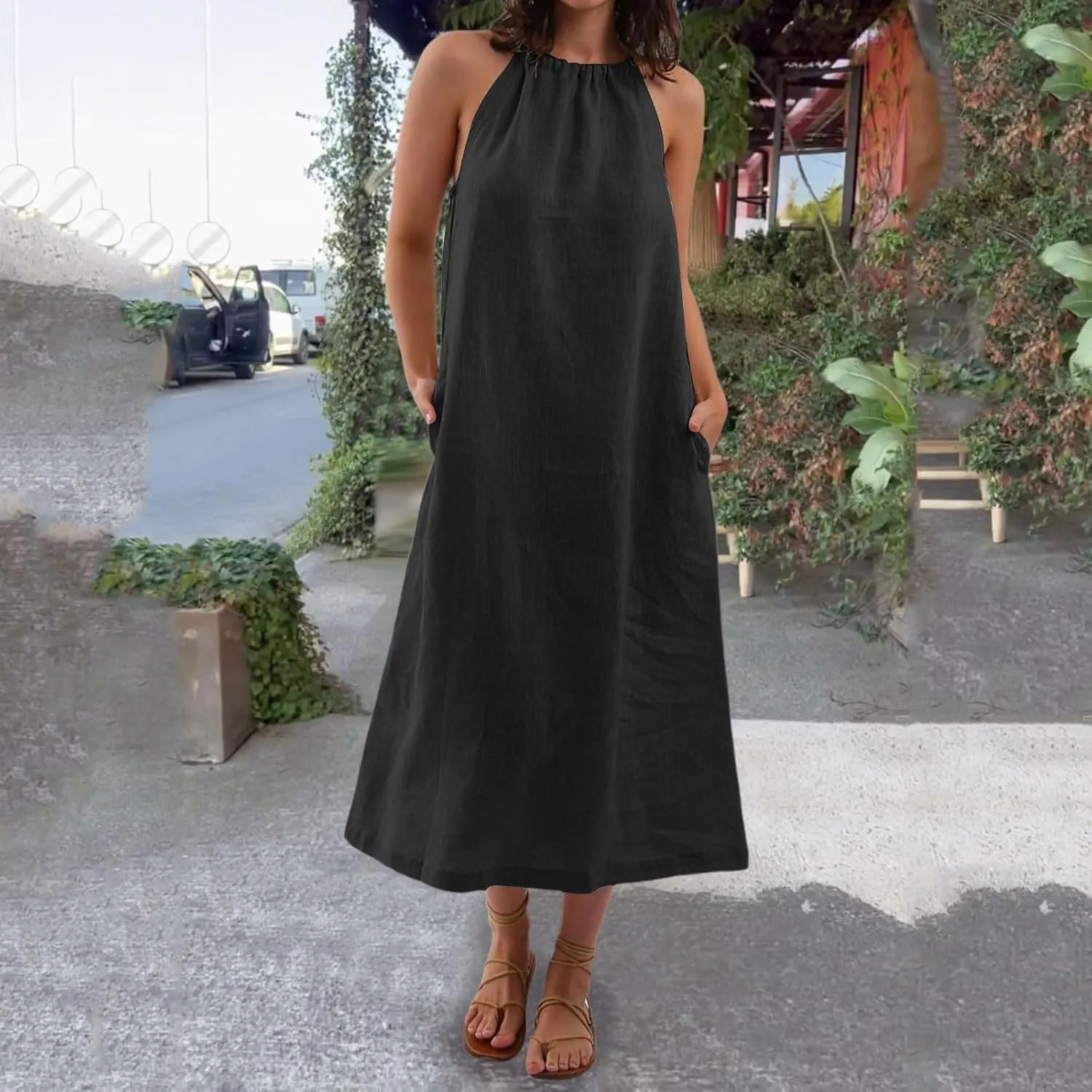 Women Linen Sleeveless Extra Long Back Lace Up Linen Sleeveless Extra Long Dress Flare Midi Dress