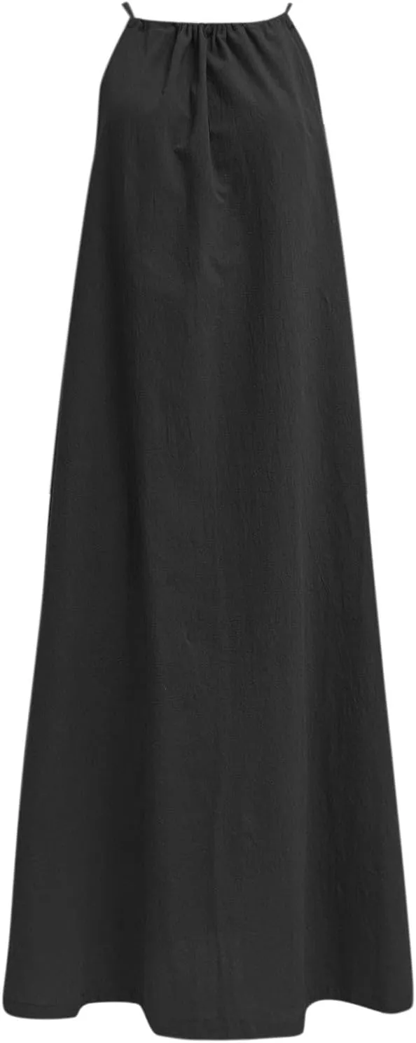 Women Linen Sleeveless Extra Long Back Lace Up Linen Sleeveless Extra Long Dress Flare Midi Dress