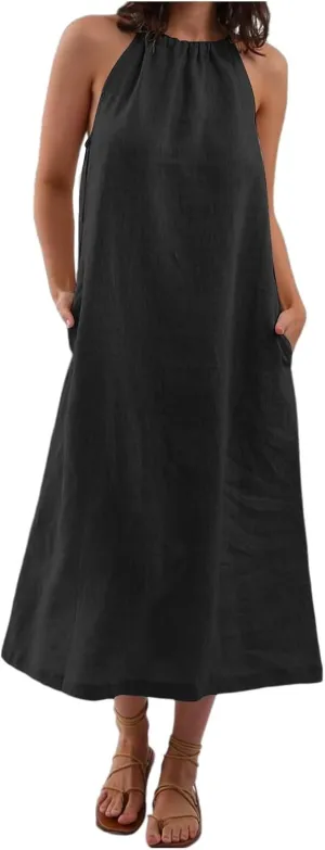 Women Linen Sleeveless Extra Long Back Lace Up Linen Sleeveless Extra Long Dress Flare Midi Dress