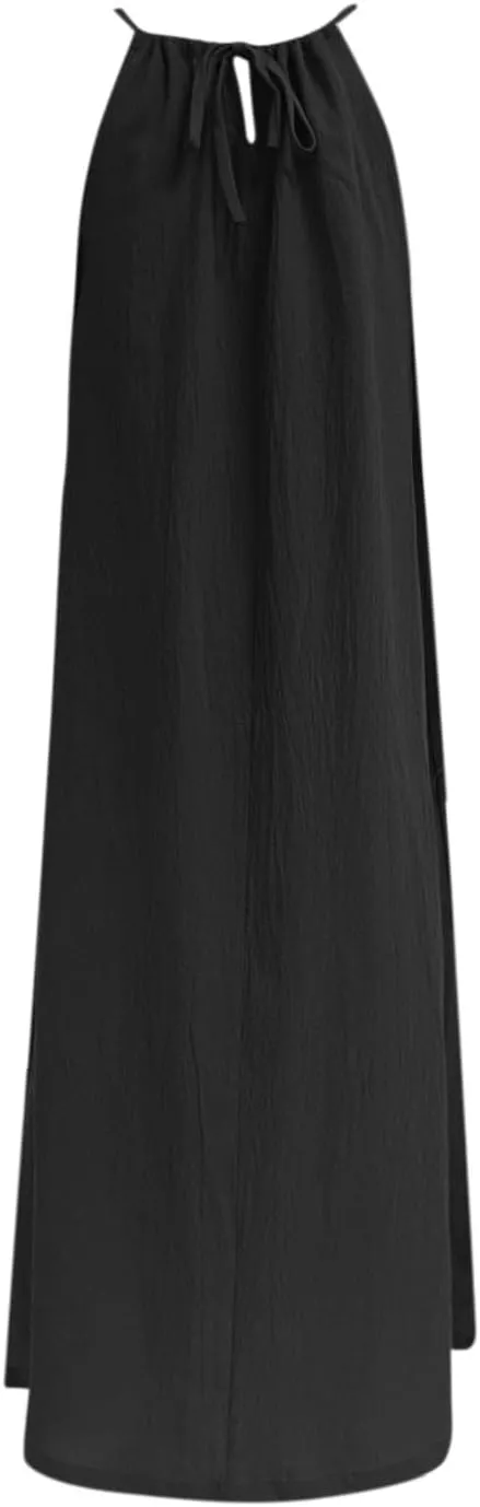 Women Linen Sleeveless Extra Long Back Lace Up Linen Sleeveless Extra Long Dress Flare Midi Dress