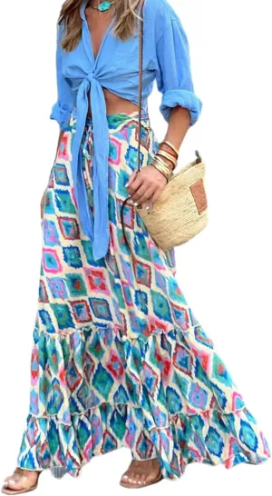 Women Long Skirt Prints High Waist Loose Pleated Ruffle Flowy Maxi Skirt Beach Vacation Outfits Boho Skirt