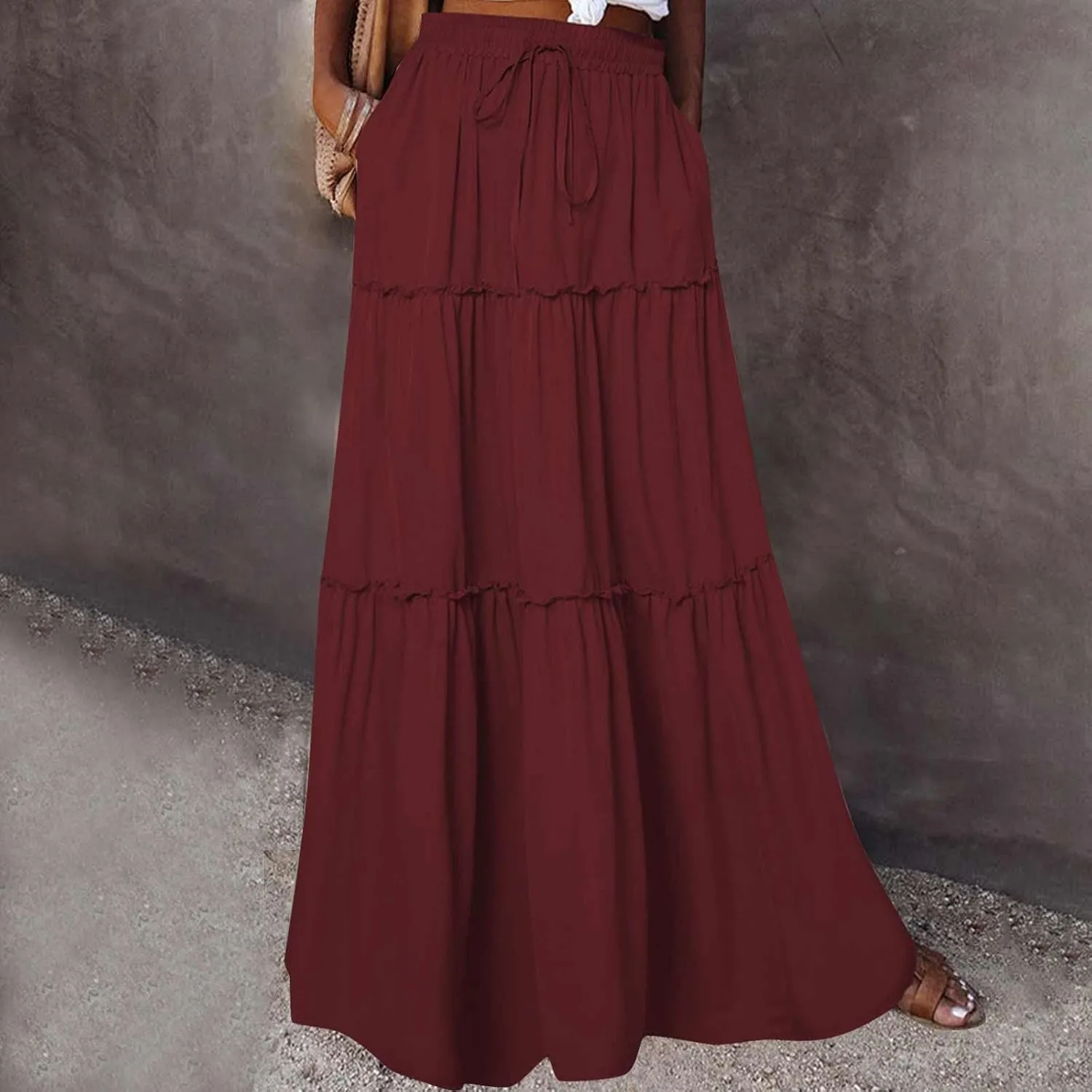 Women Maxi Skirts Elastic Waist Boho Skirt Summer A Line Skirts with Pockets Flowy Pleated Skirts Wedding Guest Skirt