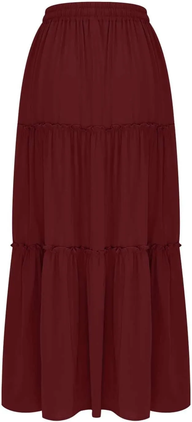 Women Maxi Skirts Elastic Waist Boho Skirt Summer A Line Skirts with Pockets Flowy Pleated Skirts Wedding Guest Skirt