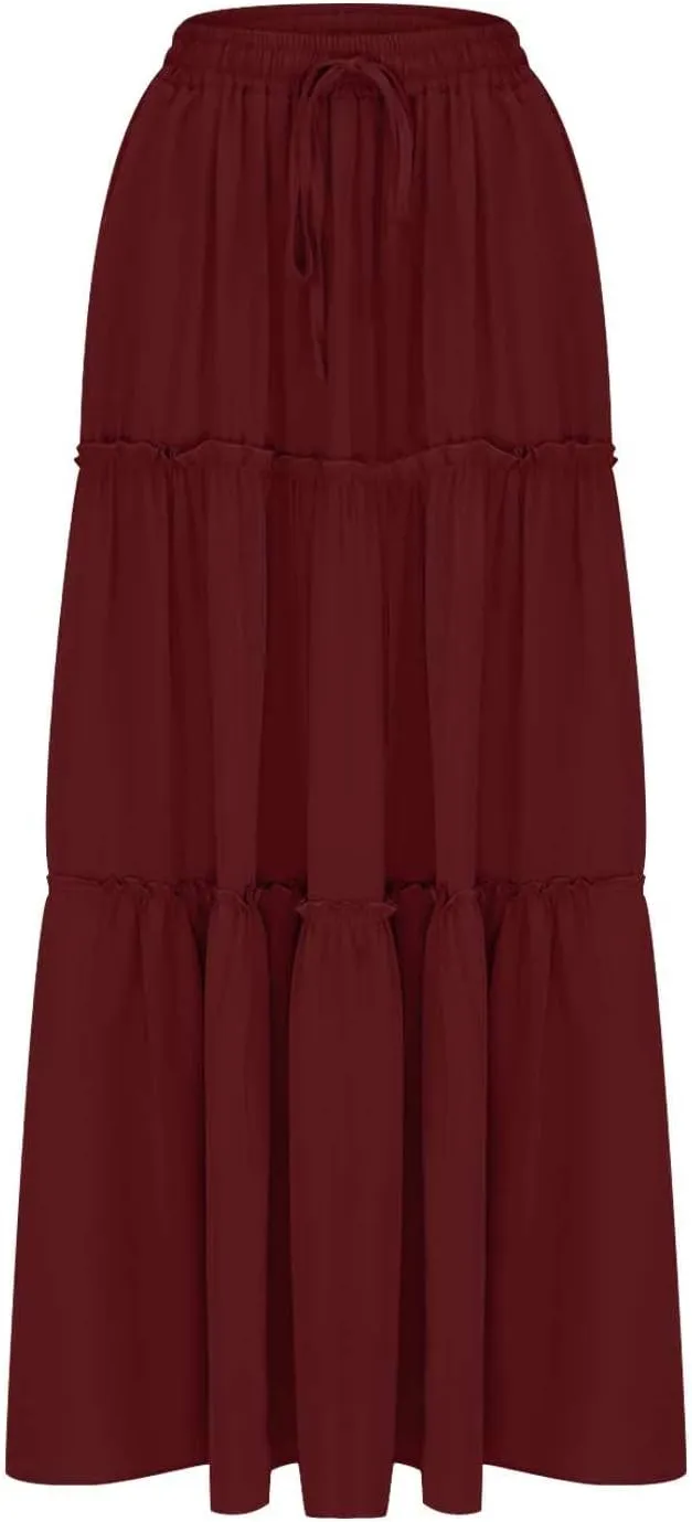Women Maxi Skirts Elastic Waist Boho Skirt Summer A Line Skirts with Pockets Flowy Pleated Skirts Wedding Guest Skirt