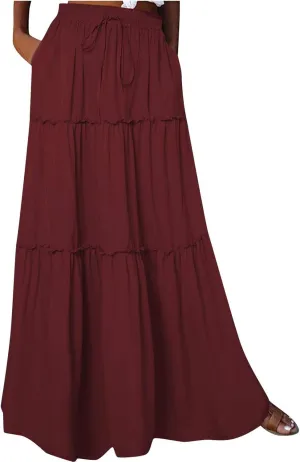 Women Maxi Skirts Elastic Waist Boho Skirt Summer A Line Skirts with Pockets Flowy Pleated Skirts Wedding Guest Skirt