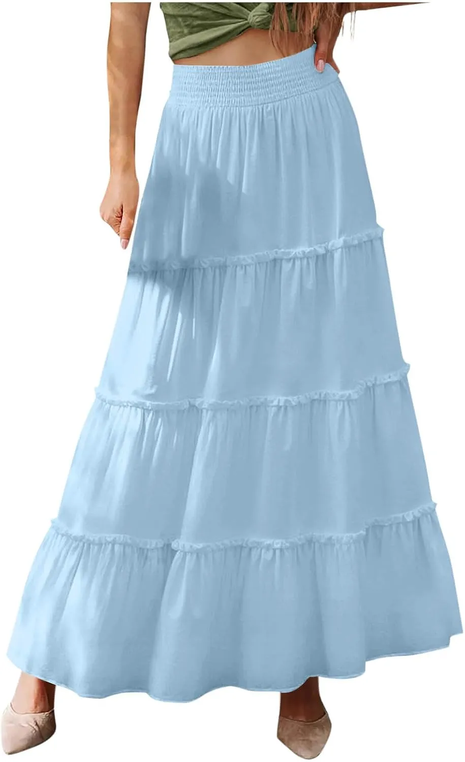 Women Maxi Skirts High Waisted Elastic Waist Pleated Tiered Solid Color Ankle Length Swing Casual A Line Skirt