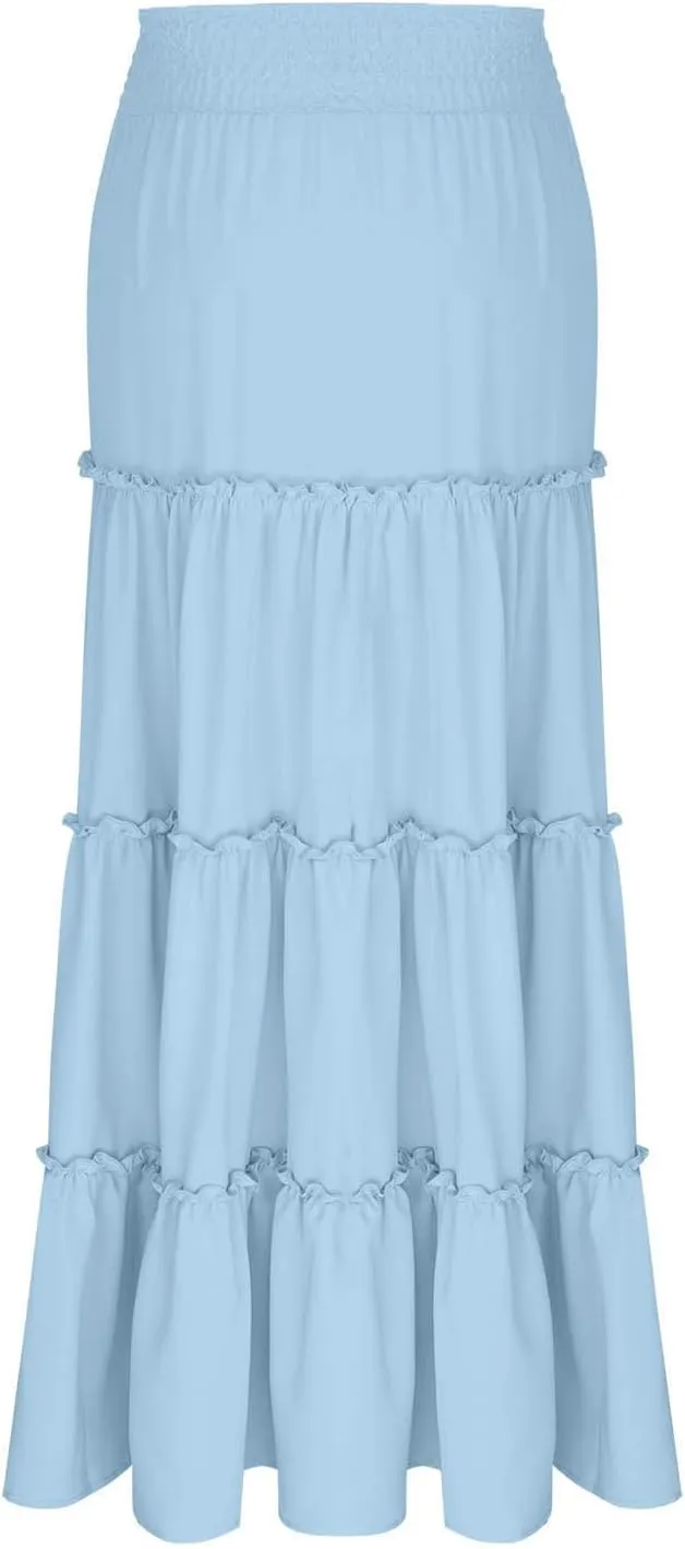 Women Maxi Skirts High Waisted Elastic Waist Pleated Tiered Solid Color Ankle Length Swing Casual A Line Skirt