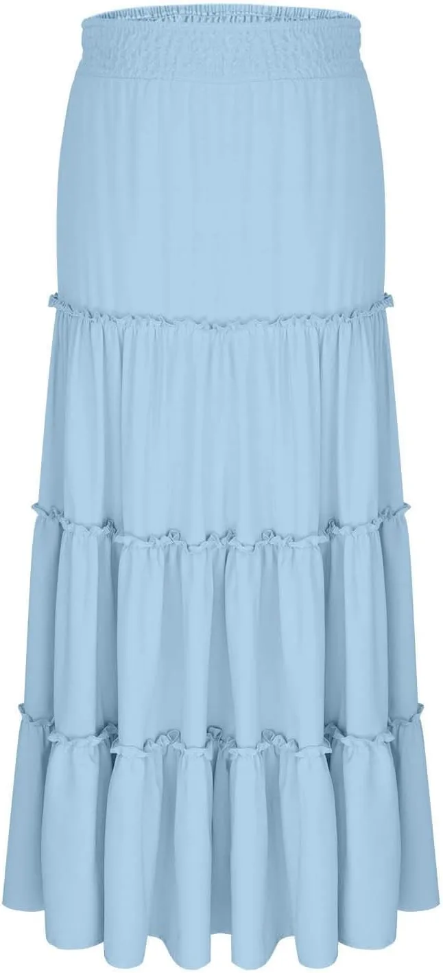 Women Maxi Skirts High Waisted Elastic Waist Pleated Tiered Solid Color Ankle Length Swing Casual A Line Skirt