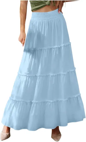 Women Maxi Skirts High Waisted Elastic Waist Pleated Tiered Solid Color Ankle Length Swing Casual A Line Skirt