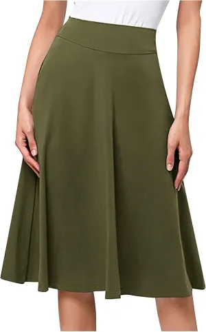 Women Midi Skirt High Waisted Zipper Solid Color Casual Flowy Knee Length Beach Skirts Ladies Summer Work Outfit