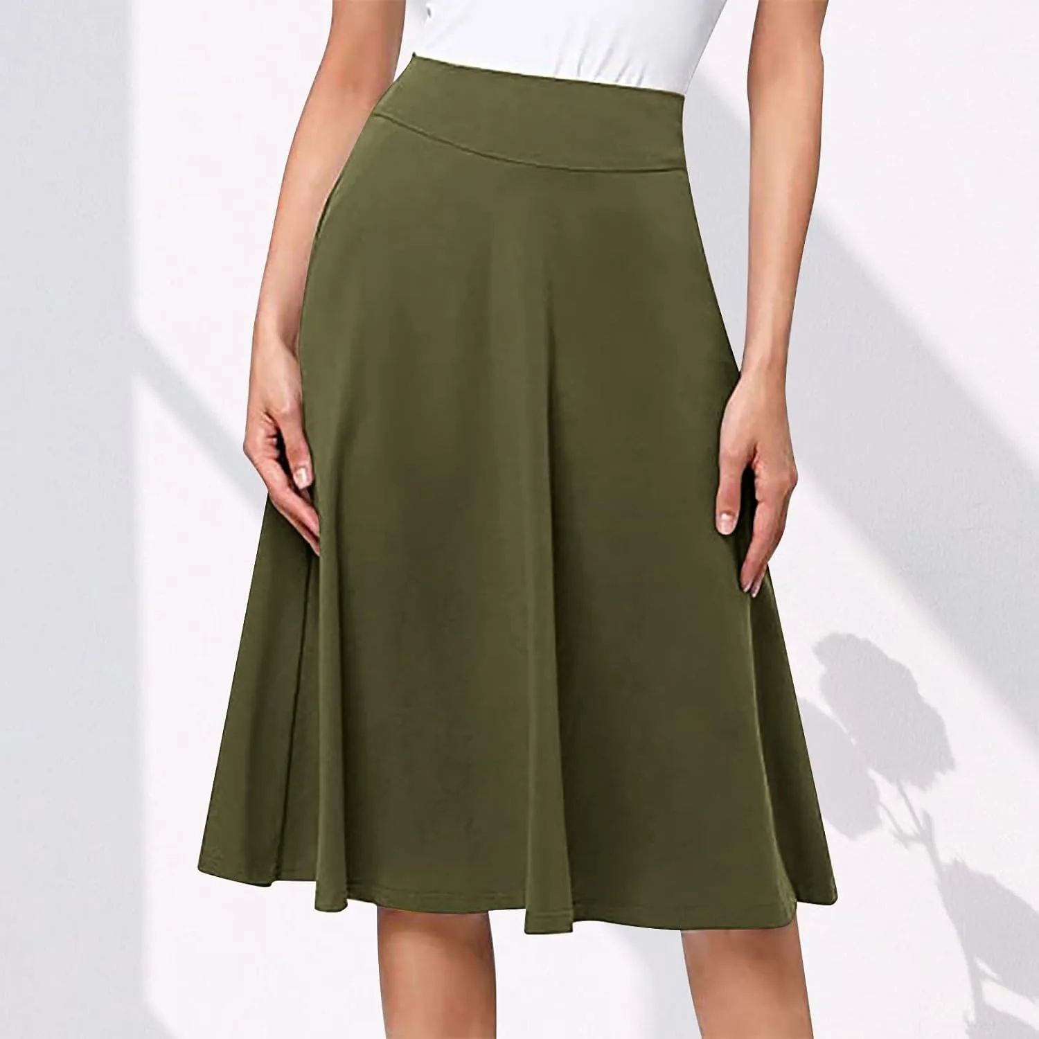 Women Midi Skirt High Waisted Zipper Solid Color Casual Flowy Knee Length Beach Skirts Ladies Summer Work Outfit