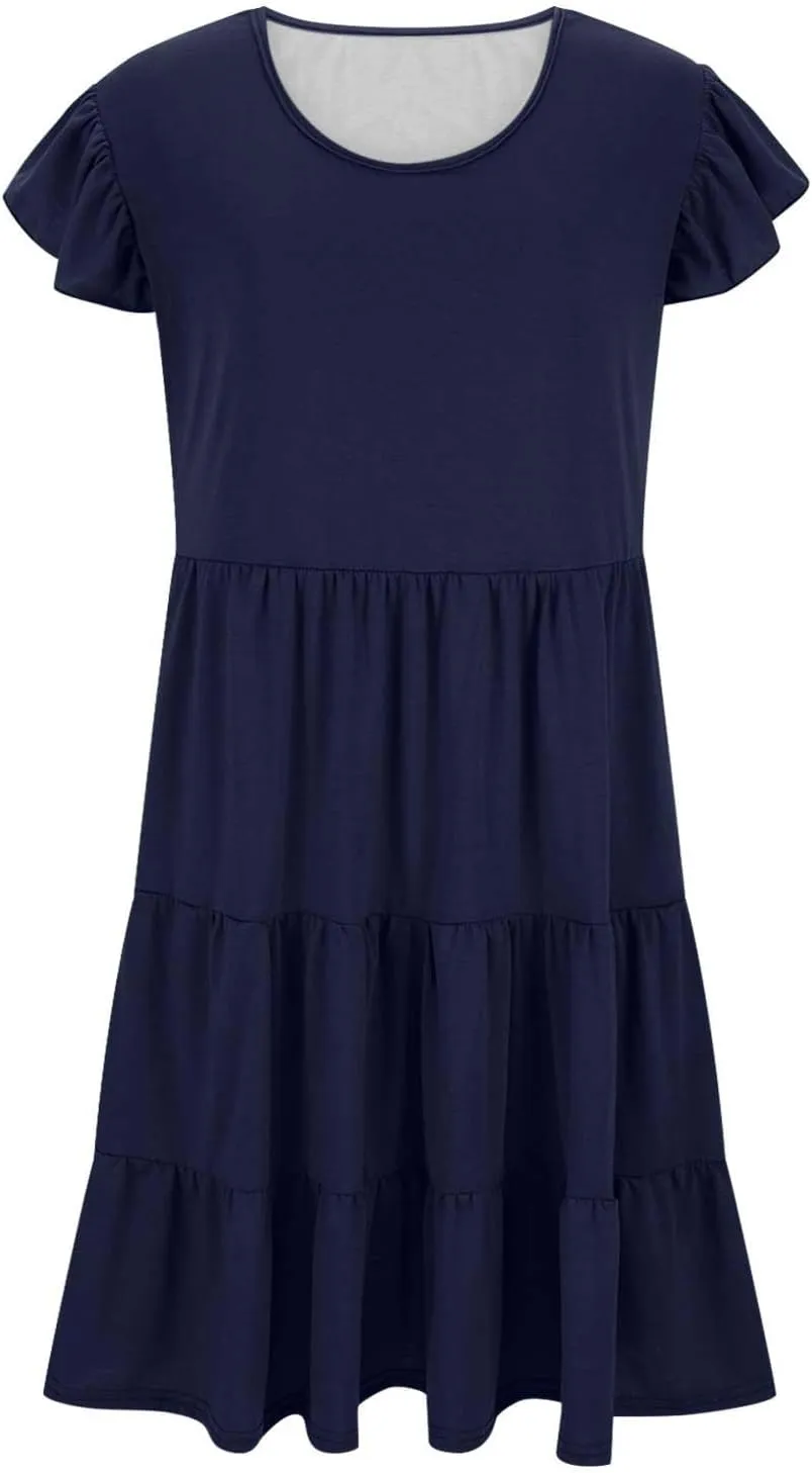 Women Oversized Dresses Cute Flutter Short Sleeve Crewneck Midi Dress Plus Size Ruffle Layer Sundress with Pockets