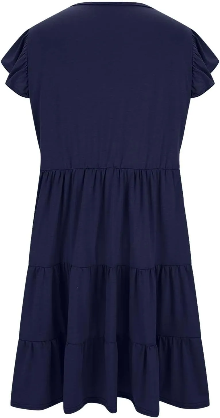 Women Oversized Dresses Cute Flutter Short Sleeve Crewneck Midi Dress Plus Size Ruffle Layer Sundress with Pockets