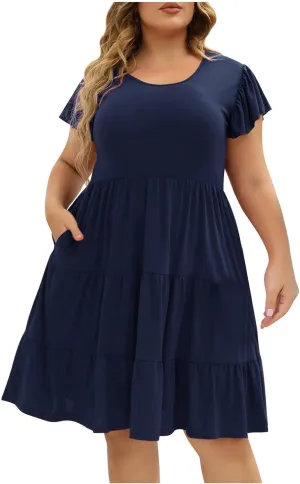 Women Oversized Dresses Cute Flutter Short Sleeve Crewneck Midi Dress Plus Size Ruffle Layer Sundress with Pockets