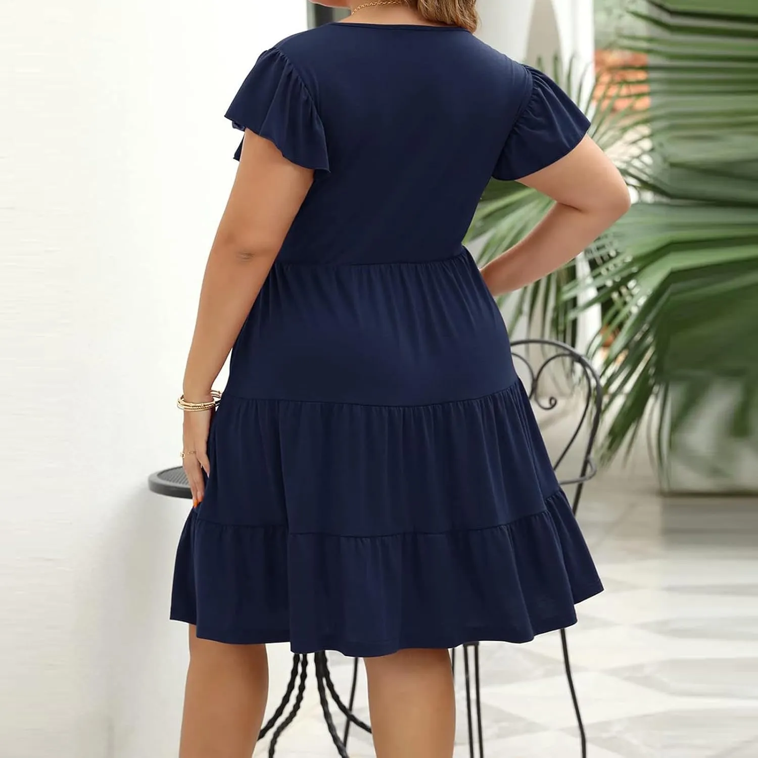 Women Oversized Dresses Cute Flutter Short Sleeve Crewneck Midi Dress Plus Size Ruffle Layer Sundress with Pockets