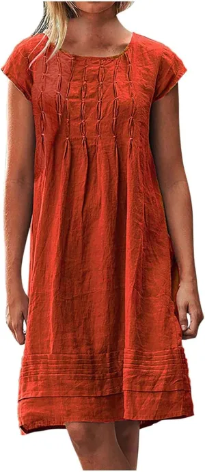 Women Plain Cotton Linen Dresses Summer Half Sleeve Knee-Length Dress Boho Plus Size Pockets Loose Fit Midi Long Dress