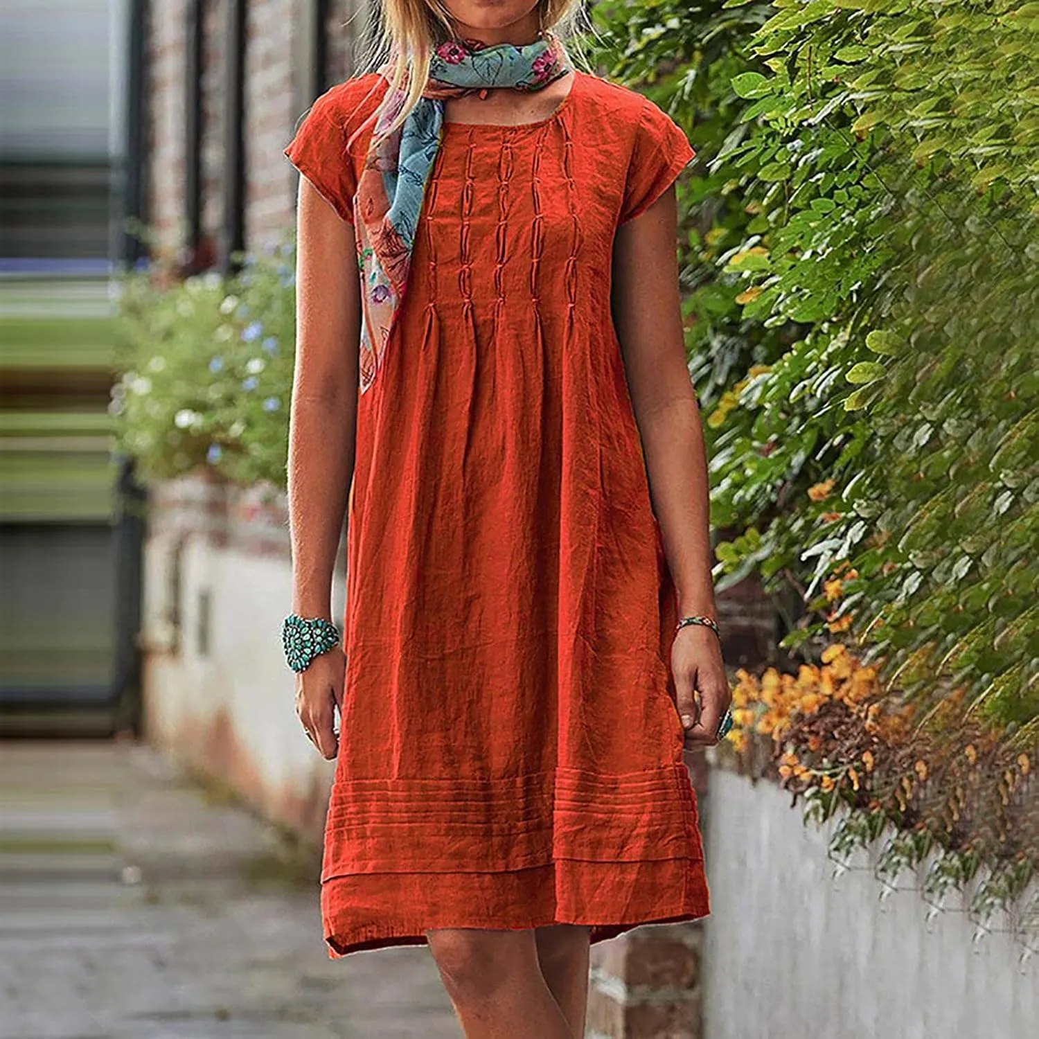 Women Plain Cotton Linen Dresses Summer Half Sleeve Knee-Length Dress Boho Plus Size Pockets Loose Fit Midi Long Dress