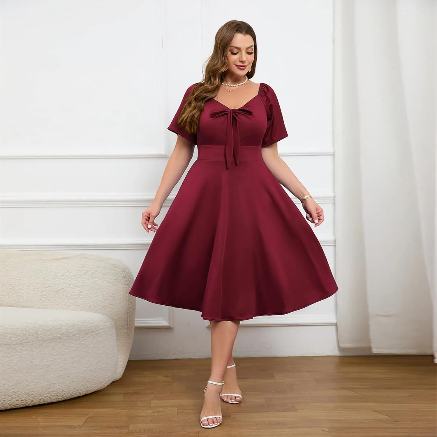 Women Plus Size Cocktail Dresses Tie Front Adjustable Strap, Satin Midi Prom Party Wedding Guest Formal Dress