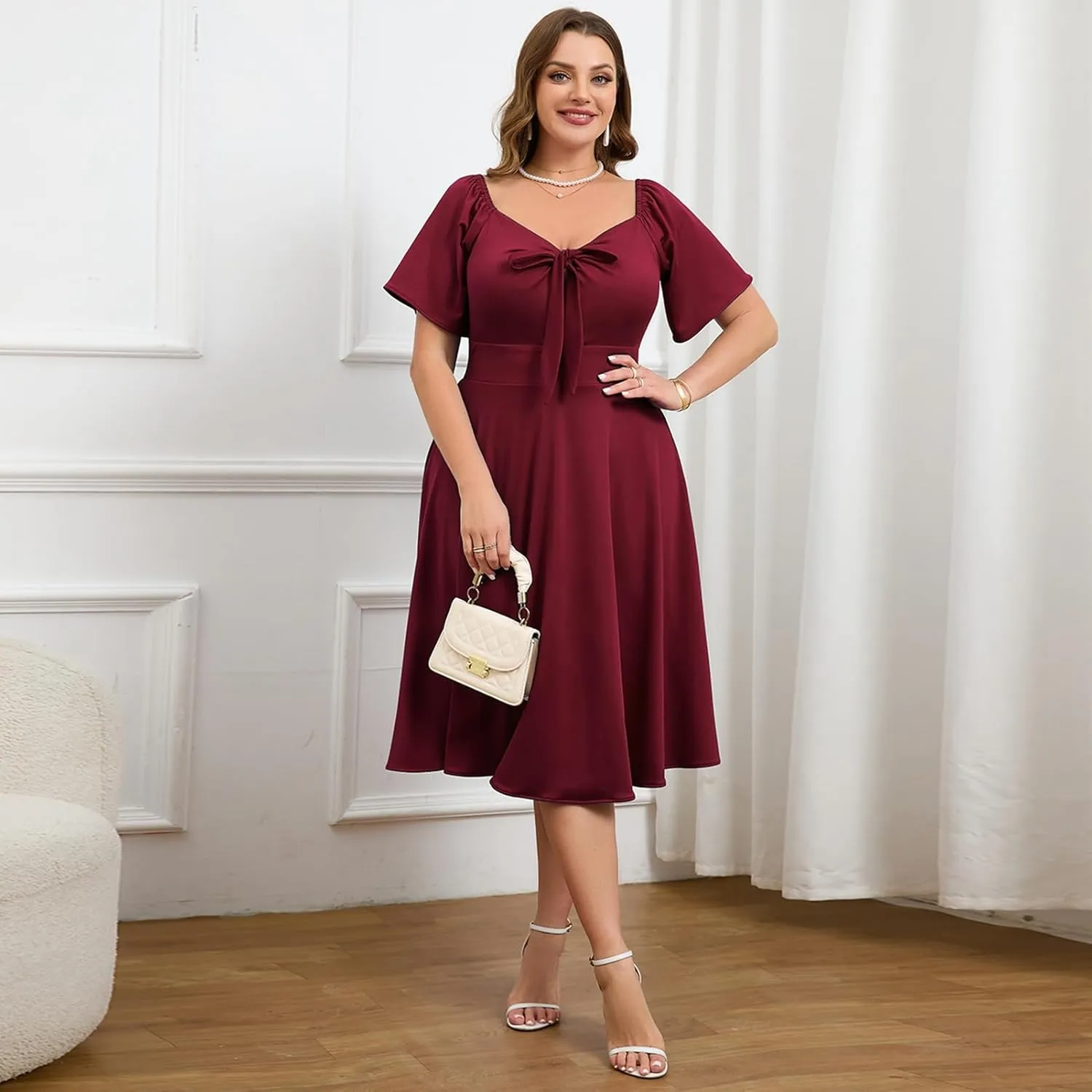 Women Plus Size Cocktail Dresses Tie Front Adjustable Strap, Satin Midi Prom Party Wedding Guest Formal Dress