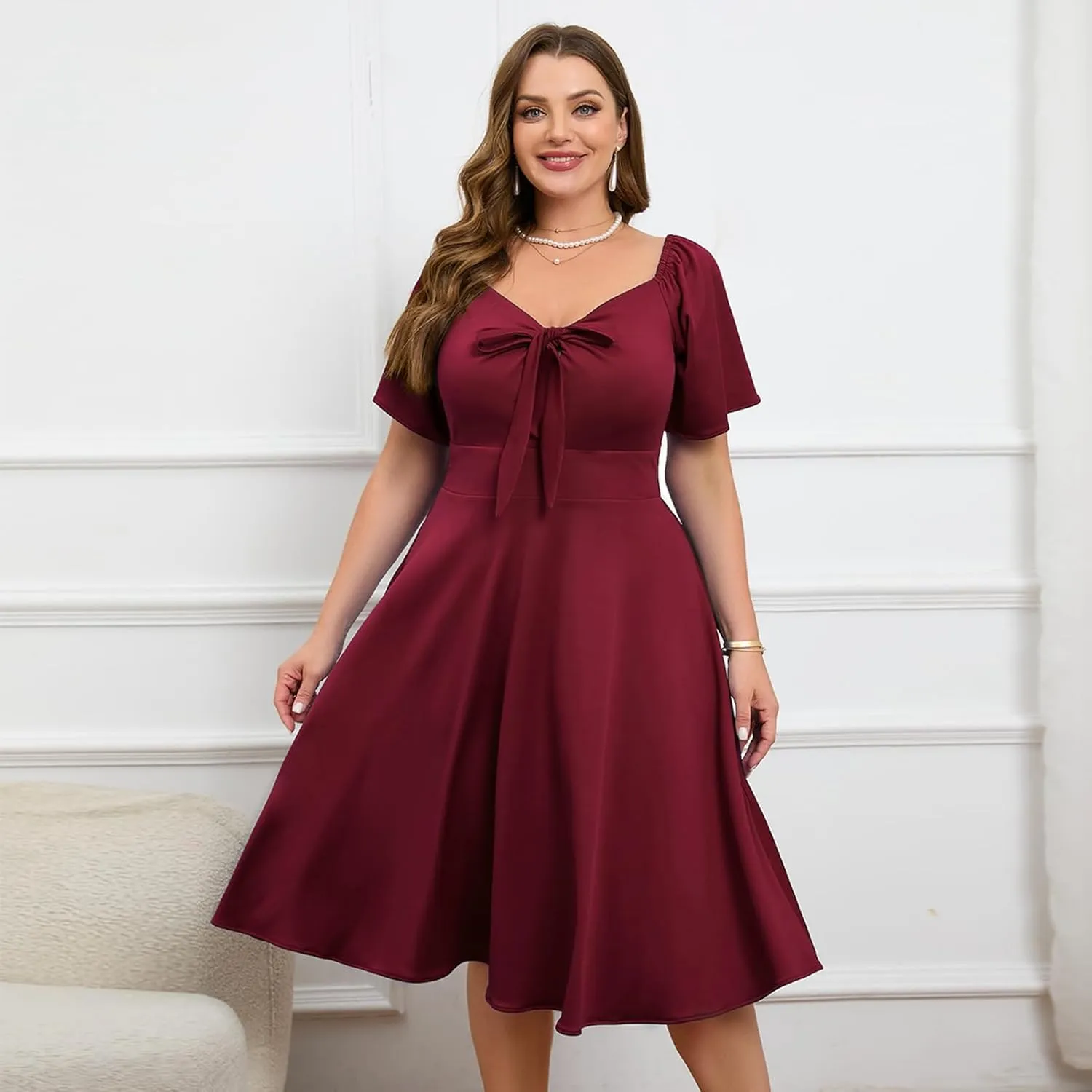 Women Plus Size Cocktail Dresses Tie Front Adjustable Strap, Satin Midi Prom Party Wedding Guest Formal Dress