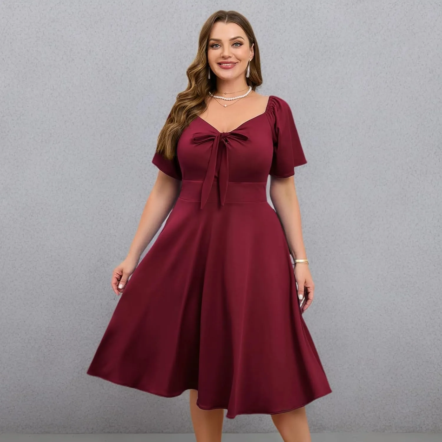 Women Plus Size Cocktail Dresses Tie Front Adjustable Strap, Satin Midi Prom Party Wedding Guest Formal Dress