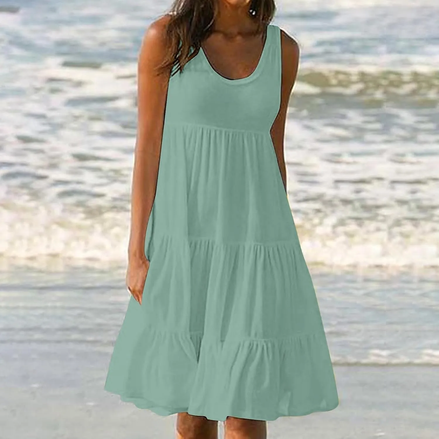 Women Plus Size Summer Dresses Loose Fit Crew Neck Sleeveless Sundress Cute Peplum Tired Beach Vacation Midi Dress