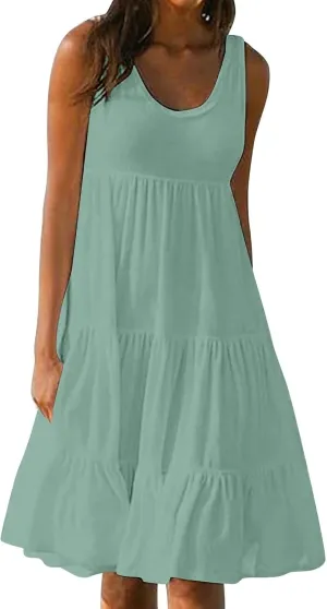 Women Plus Size Summer Dresses Loose Fit Crew Neck Sleeveless Sundress Cute Peplum Tired Beach Vacation Midi Dress