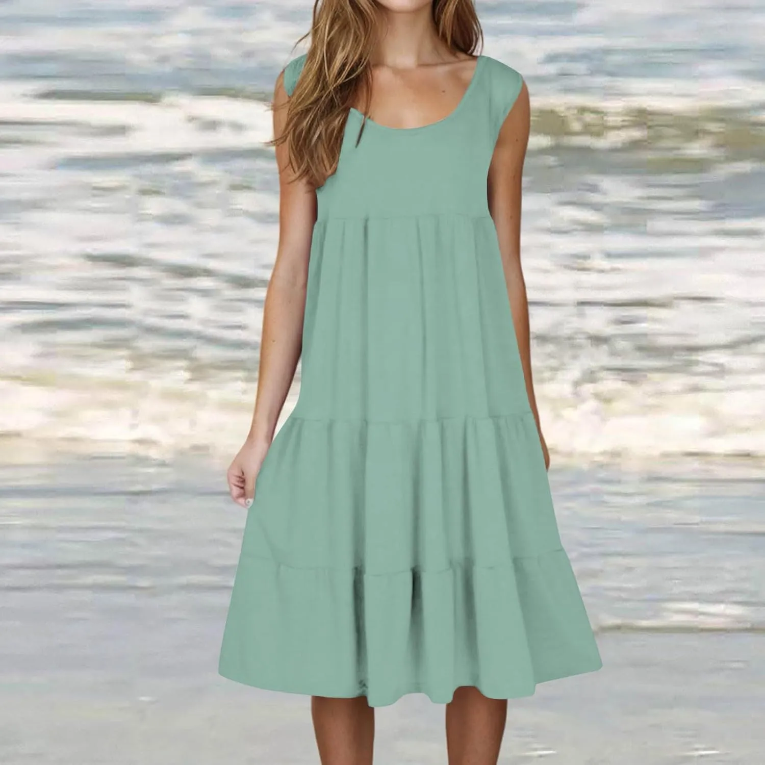 Women Plus Size Summer Dresses Loose Fit Crew Neck Sleeveless Sundress Cute Peplum Tired Beach Vacation Midi Dress