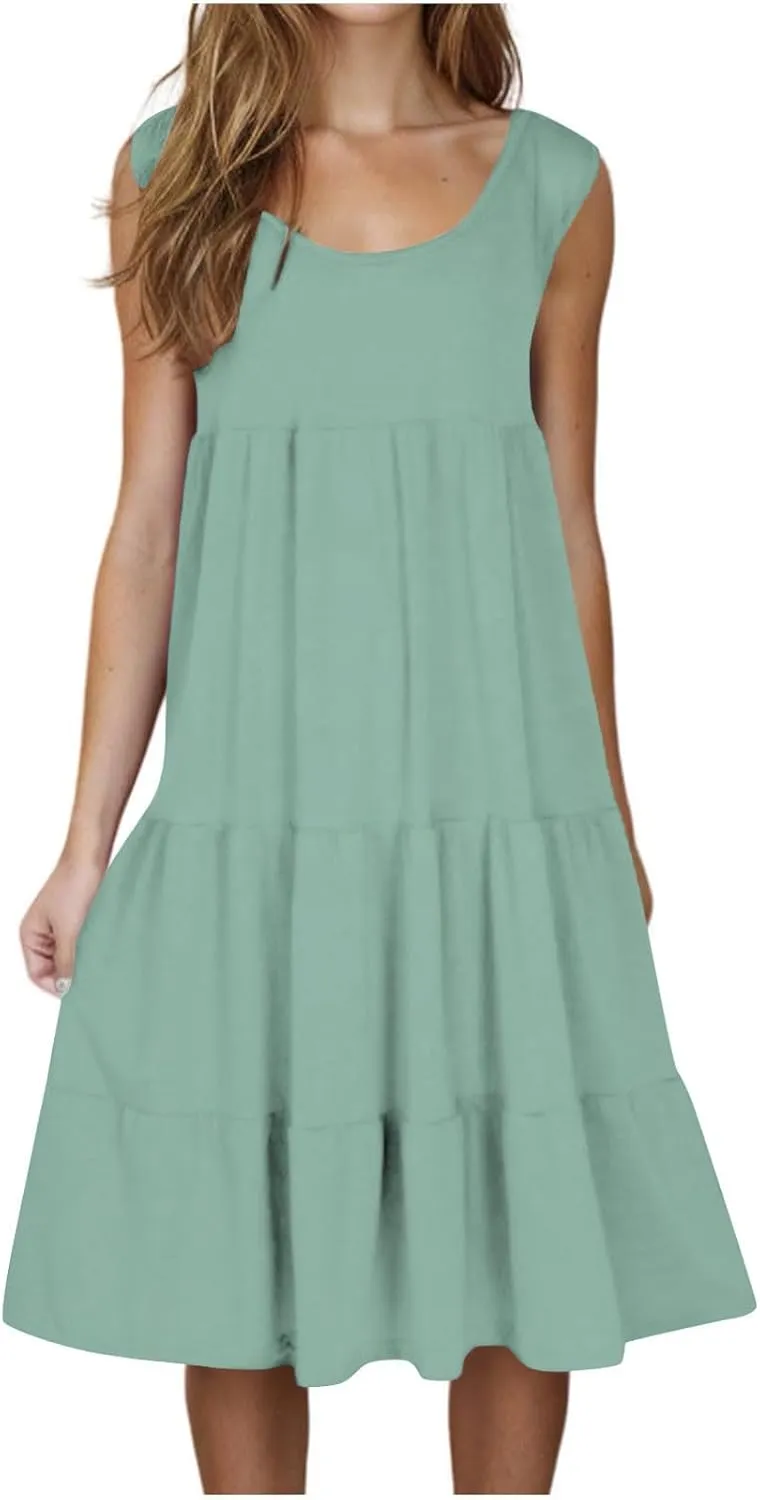 Women Plus Size Summer Dresses Loose Fit Crew Neck Sleeveless Sundress Cute Peplum Tired Beach Vacation Midi Dress
