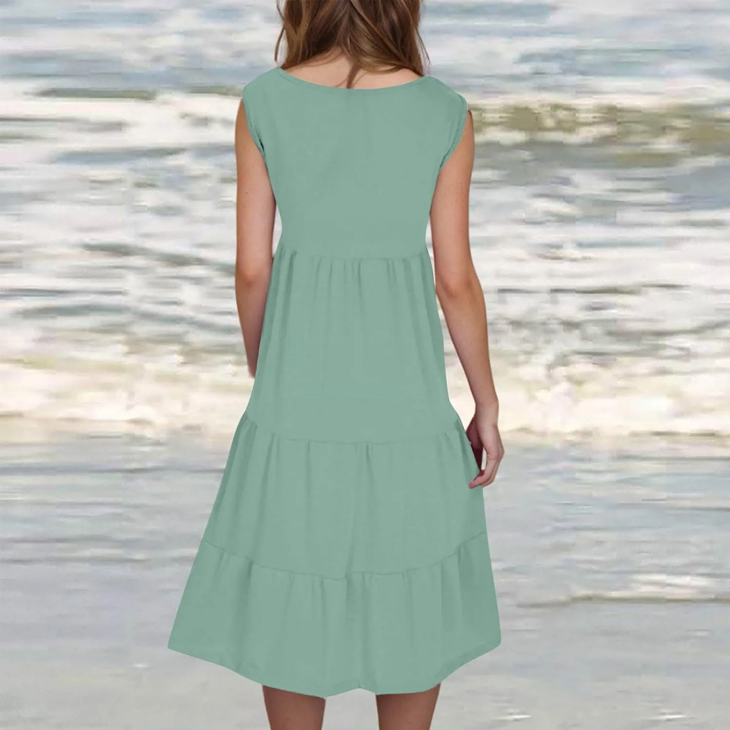 Women Plus Size Summer Dresses Loose Fit Crew Neck Sleeveless Sundress Cute Peplum Tired Beach Vacation Midi Dress