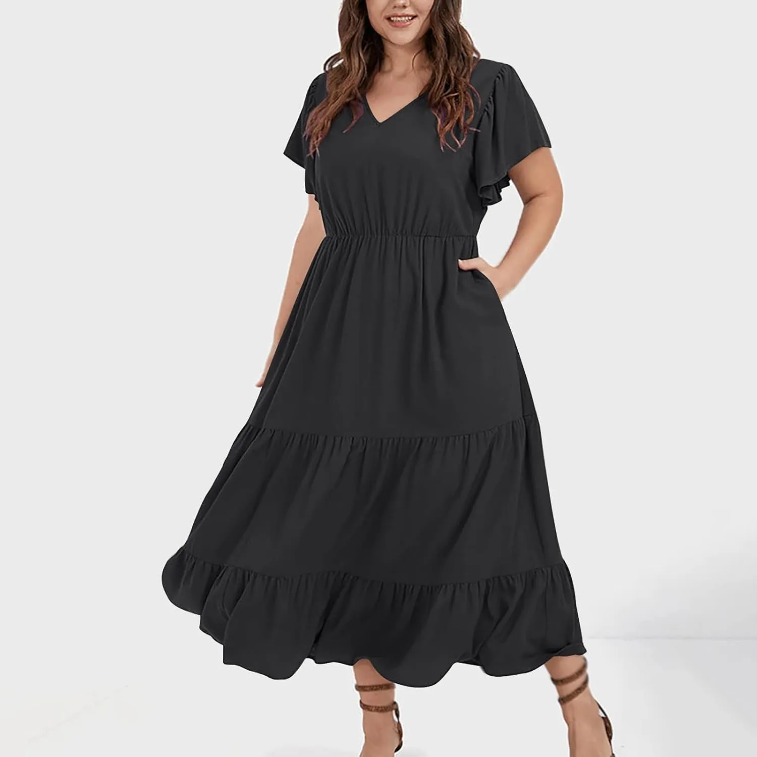 Women Plus Size Summer Midi Dress Tiered Casual Short Sleeve V Neck Loose Swing Dresses with Ruffle Sleeve and Pocket