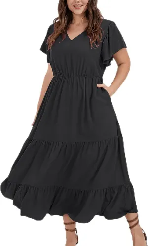 Women Plus Size Summer Midi Dress Tiered Casual Short Sleeve V Neck Loose Swing Dresses with Ruffle Sleeve and Pocket