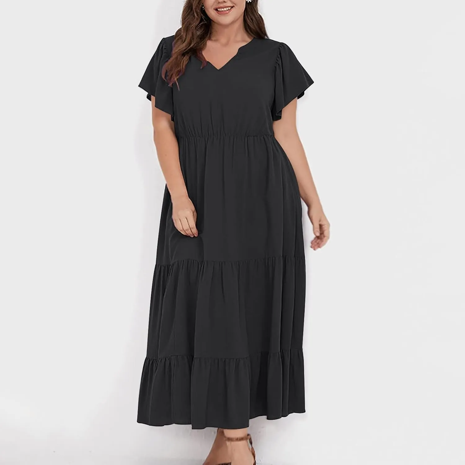 Women Plus Size Summer Midi Dress Tiered Casual Short Sleeve V Neck Loose Swing Dresses with Ruffle Sleeve and Pocket
