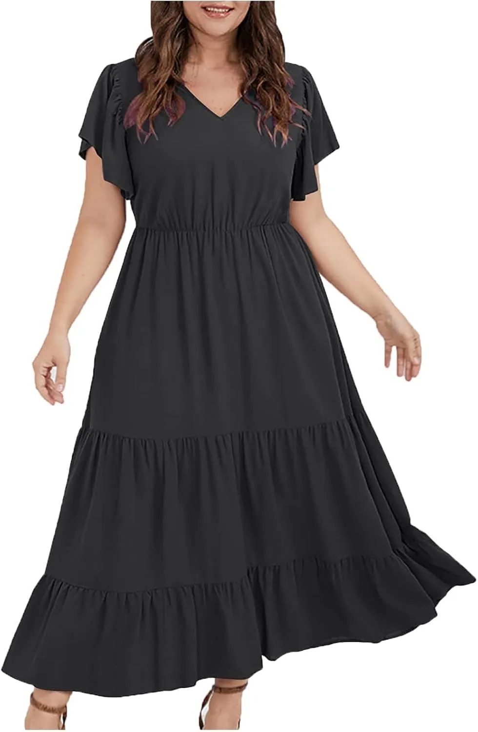 Women Plus Size Summer Midi Dress Tiered Casual Short Sleeve V Neck Loose Swing Dresses with Ruffle Sleeve and Pocket