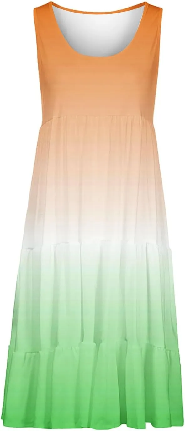 Women Plus Size Tank Dress Sleeveless Crew Neck Pleated Beach Mini Dresses Ruffle Tiered Flowy Summer Sundresses