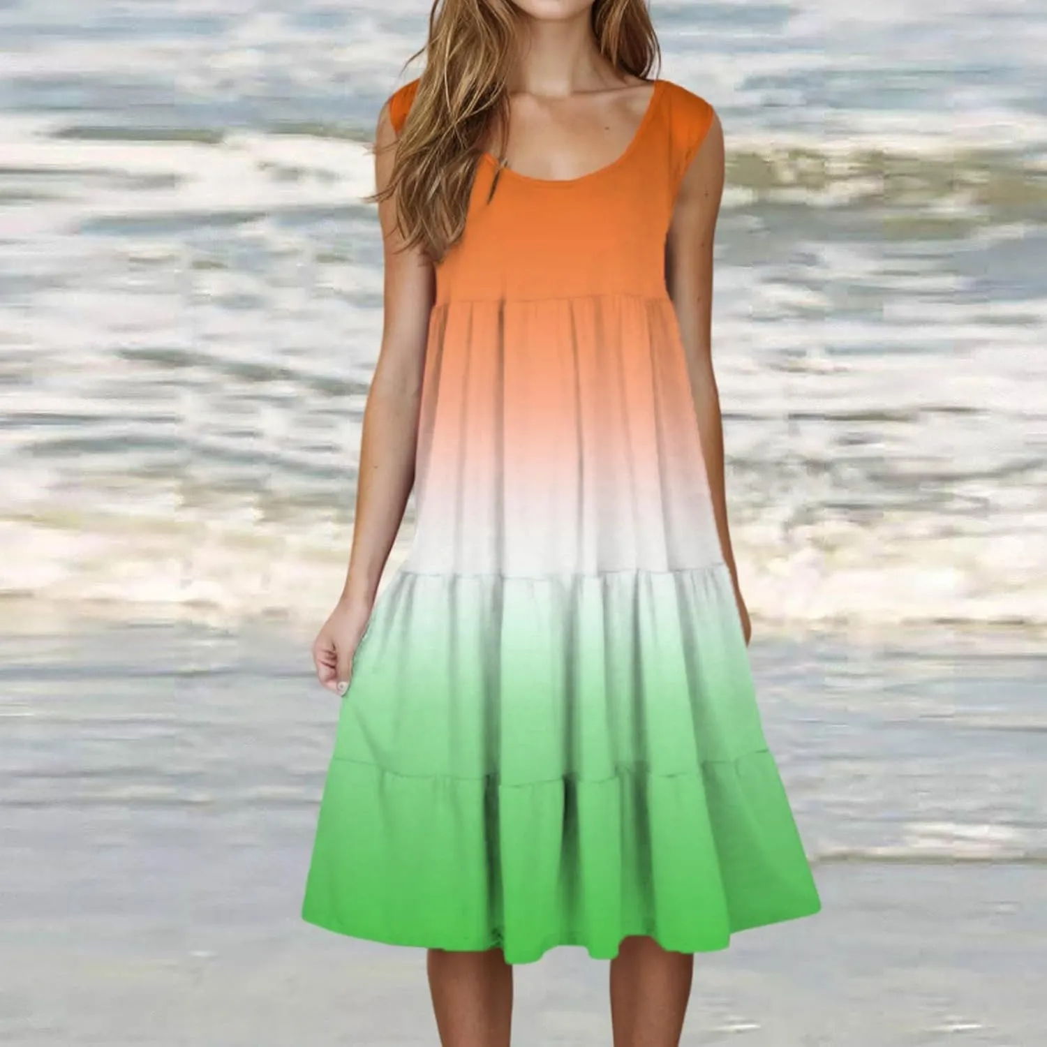 Women Plus Size Tank Dress Sleeveless Crew Neck Pleated Beach Mini Dresses Ruffle Tiered Flowy Summer Sundresses