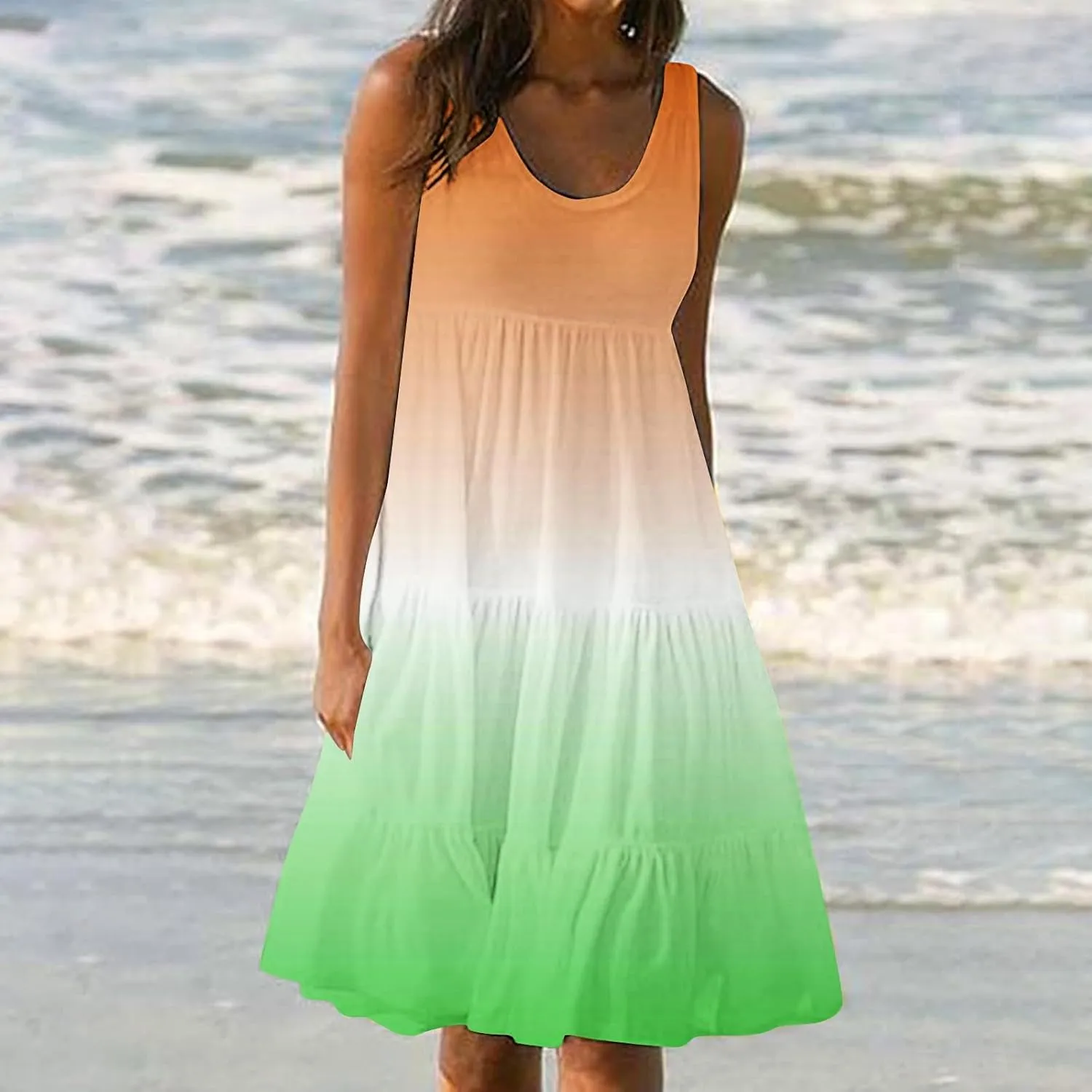 Women Plus Size Tank Dress Sleeveless Crew Neck Pleated Beach Mini Dresses Ruffle Tiered Flowy Summer Sundresses