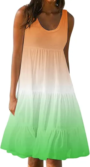 Women Plus Size Tank Dress Sleeveless Crew Neck Pleated Beach Mini Dresses Ruffle Tiered Flowy Summer Sundresses