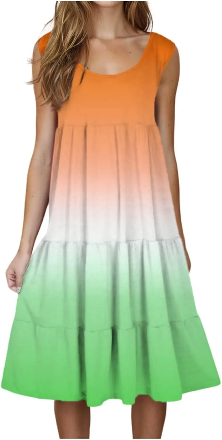 Women Plus Size Tank Dress Sleeveless Crew Neck Pleated Beach Mini Dresses Ruffle Tiered Flowy Summer Sundresses