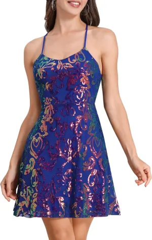Women Spaghetti Straps Sparkly Sequin Homecoming Dress for Teens Juniors Halter A Line Swing Party Nightclub Dance Mini Dress
